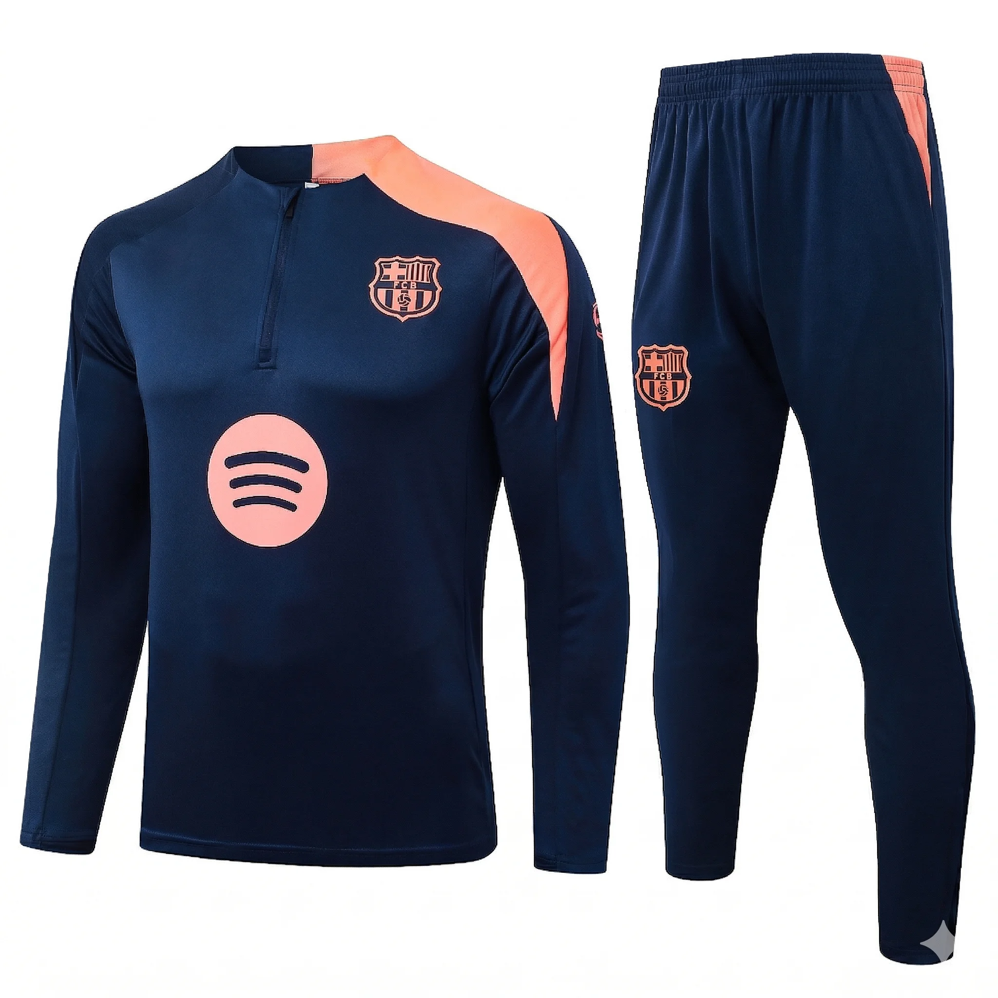 A high-resolution, detailed product photograph on a pure white background showcasing a complete navy blue and pink FC Barcelona training tracksuit set. The set features a long-sleeved quarter-zip top and matching trousers. Both pieces are predominantly navy blue with vibrant pink details. The top has a pink FC Barcelona crest on the right chest, a pink Nike Swoosh on the left chest, and a pink Spotify logo in the center. Pink geometric panels are on the shoulders. The matching pants show a pink club crest on the left leg and a pink Nike Swoosh on the right. This complete, front-view presentation is ideal for retail or wholesale listings.