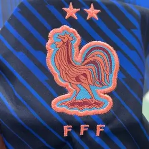 Vibrant France national team FFF rooster crest via precision Custom Soccer Jersey Embroidery.