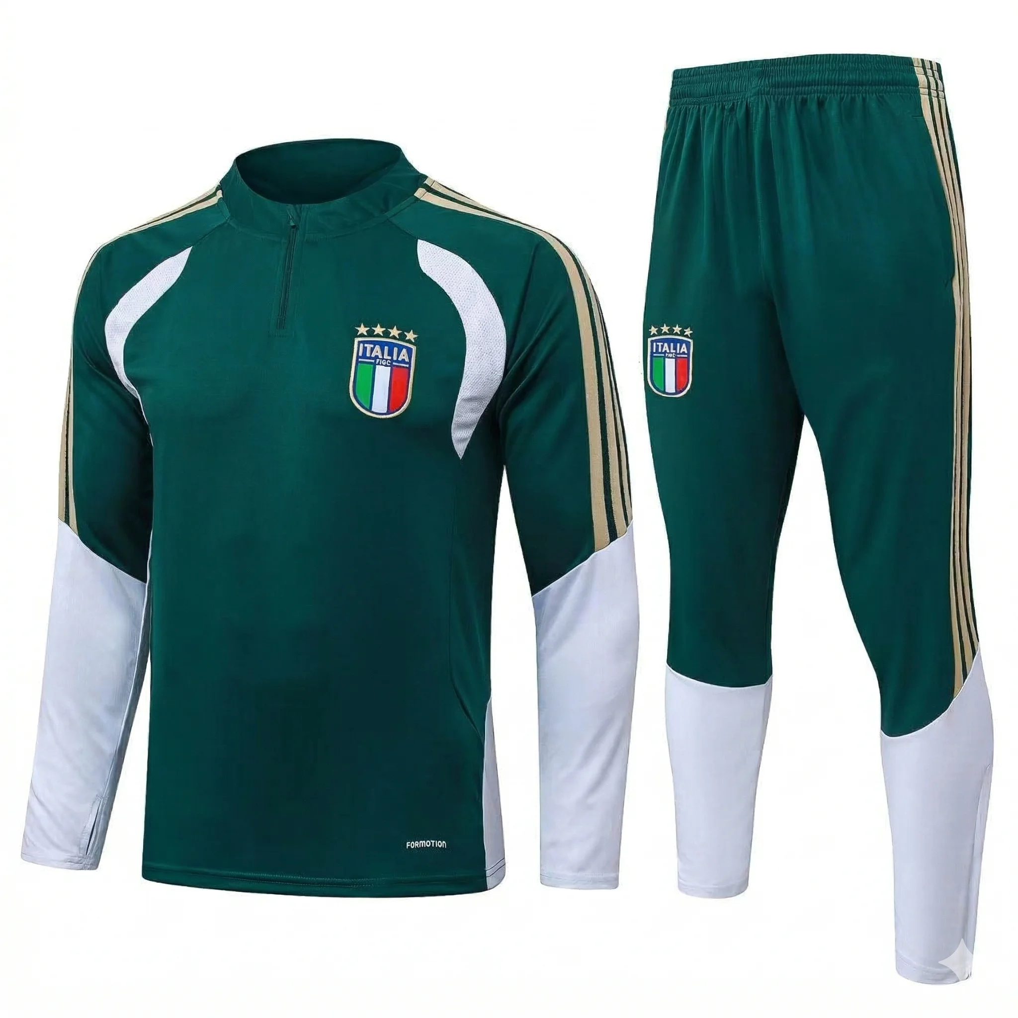 A professional, detailed view of an unbranded custom Italy National Football Team (FIGC) training suit set, including a 1/4 zip top and matching pants, on a white background. The suit is dark green with white paneling and preserved gold three-stripe details, but with all Adidas logos meticulously removed. The official FIGC crest with four gold stars is visible. 'FORMOTION' text is still present at the bottom hem of the top. Suitable for a clean, wholesale product listing.